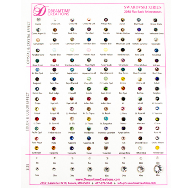 Swarovski 2088 Rhinestones Flatback, Color Chart | Dreamtime Creations